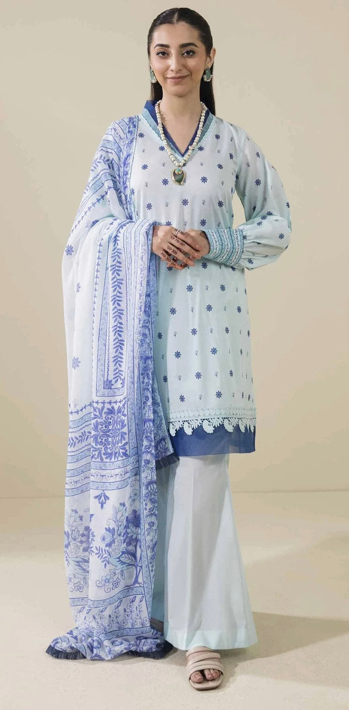 < Nishat > 3PC Blue Floral Patterns Printed Lawn Stitched Suit with Digital Printed Muzlin Dupatta & Dyed Cambric Trousers [ #L7 ] SIZE L