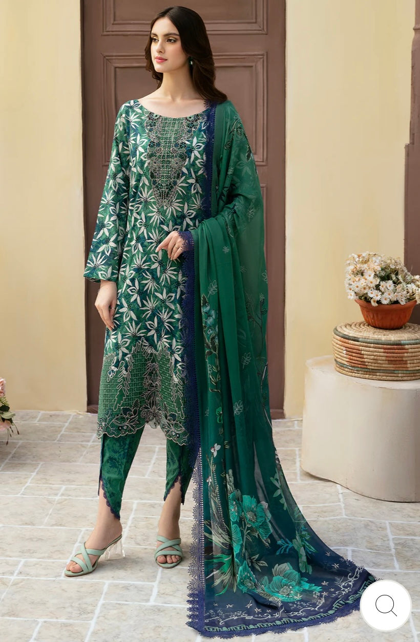 < Ramsha > 3PC Lawn  
Stitched Suit [ #I1 ] SIZE M