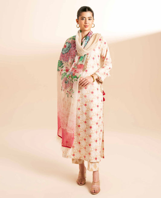 < Nishat > 3PC Floral & Laces Printed Style Super Fine Lawn Stitched Suit with Digital Printed Crinkle Chiffon Dupatta & Printed Cambric Trousers [ #N7 ] SIZE L