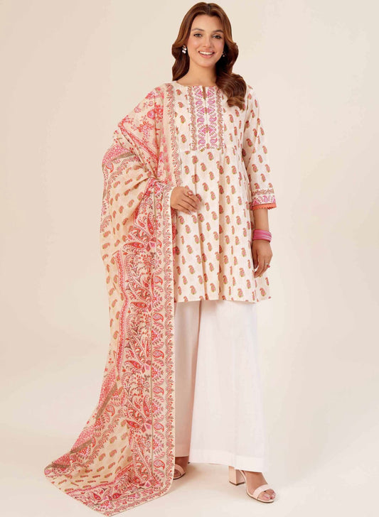 < Nishat > 3PC Ethnic Printed Style Lawn Stitched Suit with Printed Voile Dupatta & Solid Cambric Trousers [ #N4 ] SIZE M