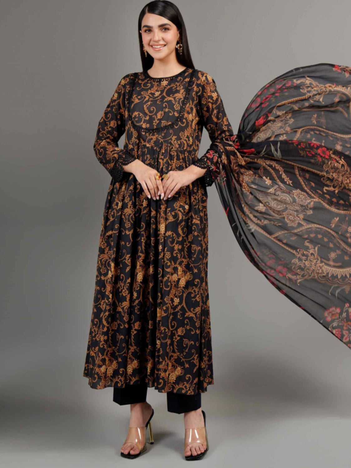 < Nishat > 3PC Floral Baroque Mix Printed Style Super Fine Lawn Stitched Suit with Digital Printed Crinkle Chiffon Dupatta & Solid Cambric Trousers [ #N1 ] SIZE M