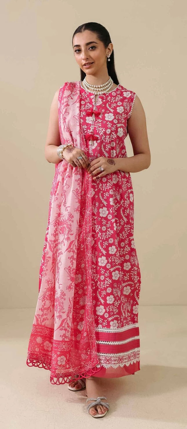 < Nishat > 3PC Floral Printed Lawn Stitched Suit with Digital Printed Muzlin Dupatta & Dyed Cambric Trousers [ #L8 ] SIZE M