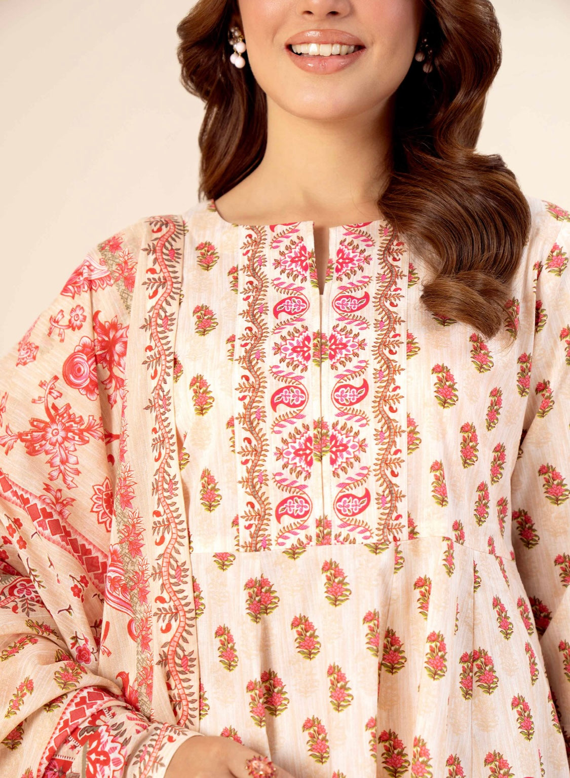 < Nishat > 3PC Ethnic Printed Style Lawn Stitched Suit with Printed Voile Dupatta & Solid Cambric Trousers [ #N4 ] SIZE M