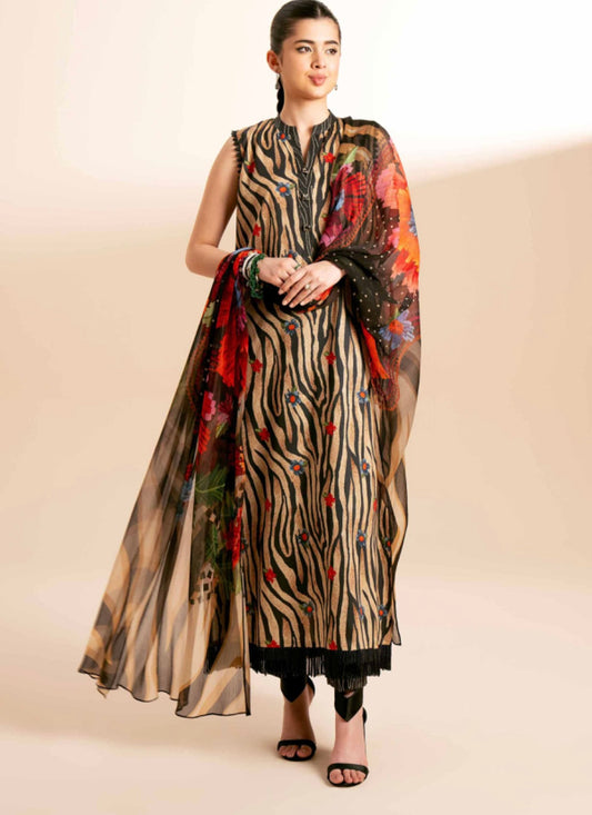 < Nishat > 3PC Animal Print With Abstract Flowers Style Super Fine Lawn Stitched Suit with Digital Printed Crinkle Chiffon Dupatta & Printed Cambric Trousers [ #N8 ] SIZE S