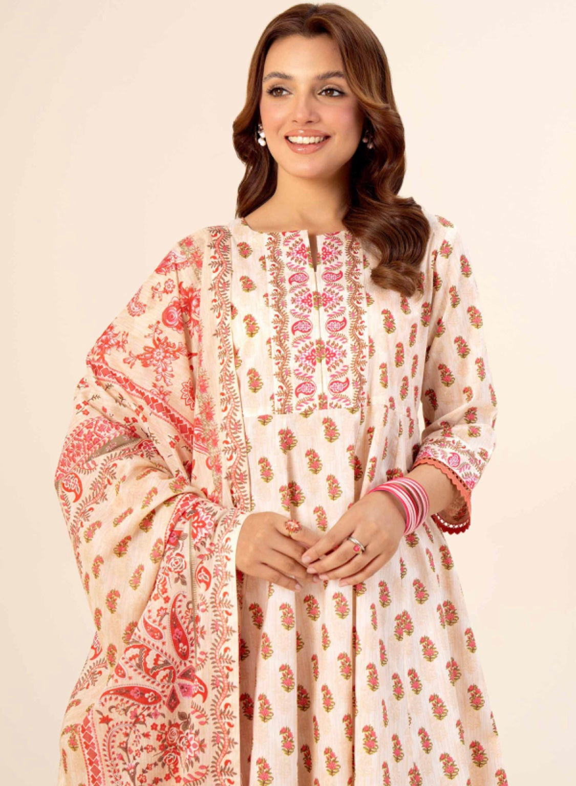 < Nishat > 3PC Ethnic Printed Style Lawn Stitched Suit with Printed Voile Dupatta & Solid Cambric Trousers [ #N4 ] SIZE M