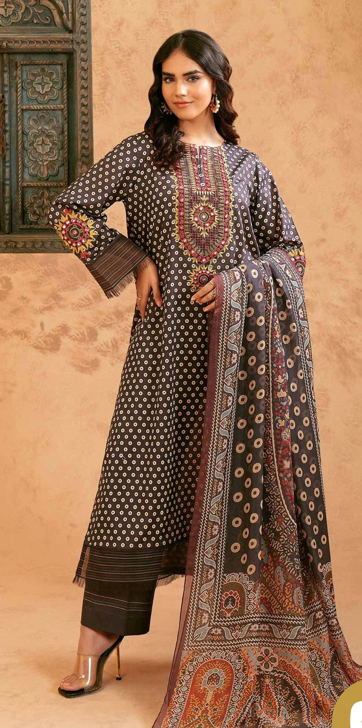 < Nishat > 3PC Kashmiri Style Printed Embroidered Lawn Stitched Suit with Digital Printed Silk Dupatta & Dyed Cambric Trousers [ #L5 ] SIZE M