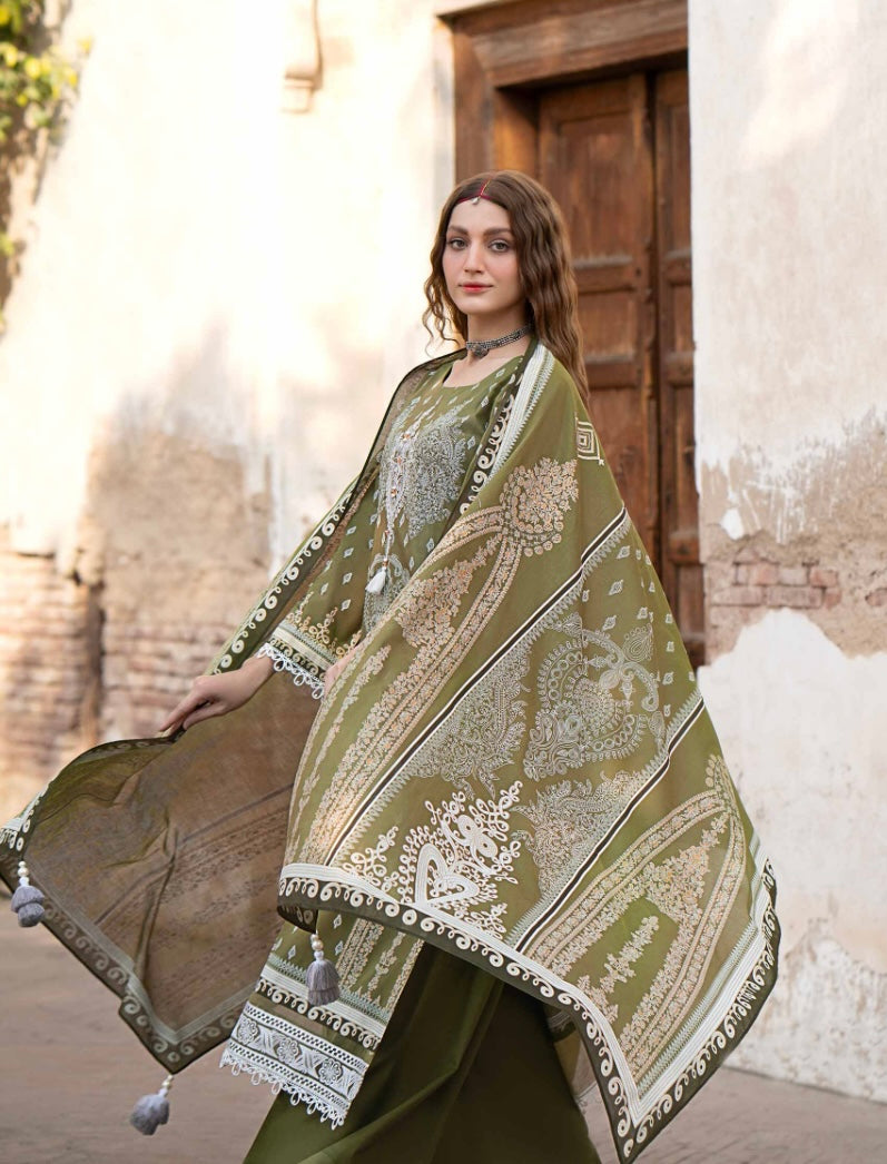 < Nishat > 3PC Decorative & Dori Style Motifs Style , Gold & White Paste Printed Embroidered Lawn Stitched Suit with Gold & White Paste Printed Lawn Dupatta & Dyed Cambric Trousers [ #M1 ] SIZE M