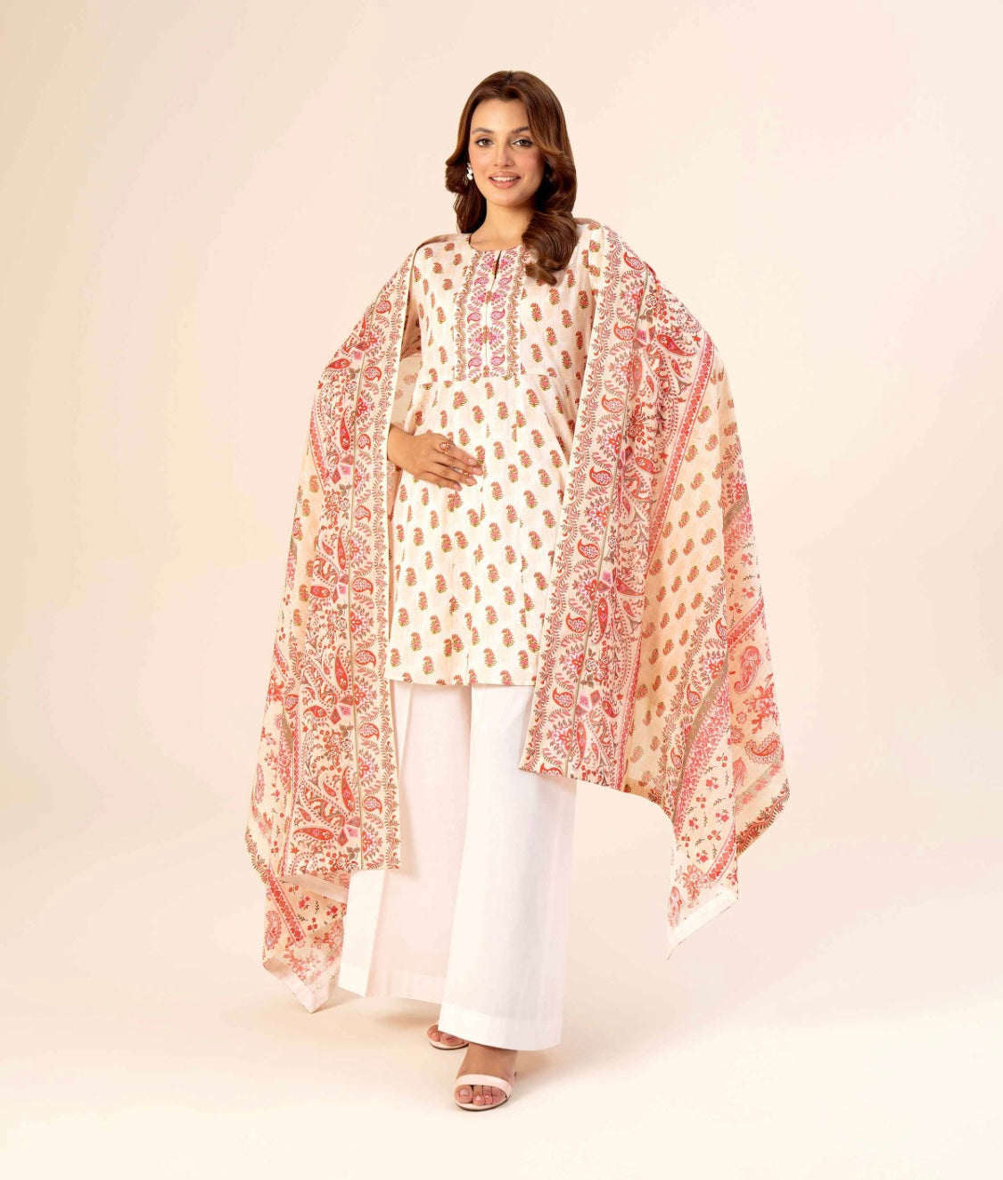 < Nishat > 3PC Ethnic Printed Style Lawn Stitched Suit with Printed Voile Dupatta & Solid Cambric Trousers [ #N4 ] SIZE M