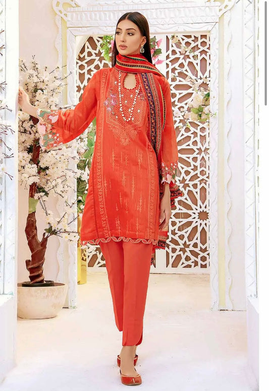 < GulAhmed > 3PC Embroidered Cotton Stitched Suit With Zari Dupatta [ #J4 ] SIZE M