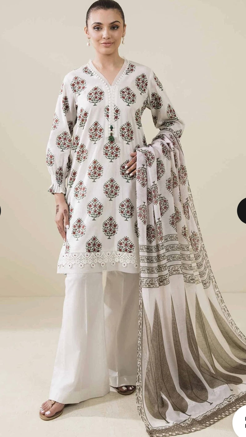 < Nishat > 3PC Mughal Flower Bunches Printed Lawn Stitched Suit with Digital Printed Muzlin Dupatta & Dyed Cambric Trousers [ #L6 ] SIZE L