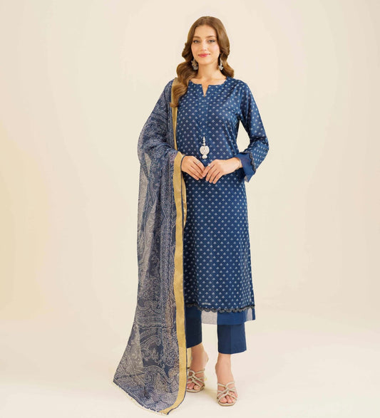 < Nishat > 3PC Block Print Style Lawn Stitched Suit with Digital Printed Zari Lawn Dupatta & Dyed Cambric Trousers [ #N5 ] SIZE S