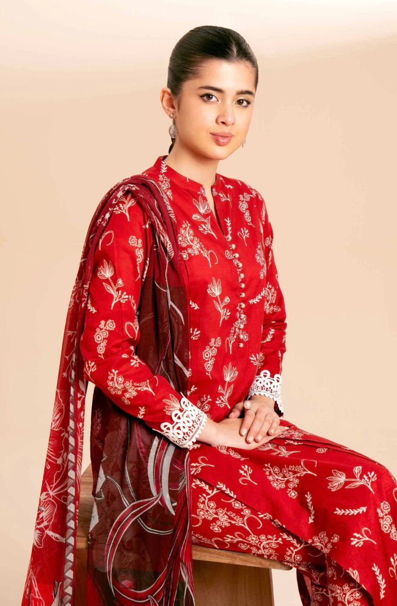 < Nishat > 3PC Wild Leaf Patterns With Floral Print In Line Form Printed Lawn Stitched Suit with Digital Printed Crinkle Chiffon Dupatta & Printed Cambric Trousers [ #M3 ] SIZE M