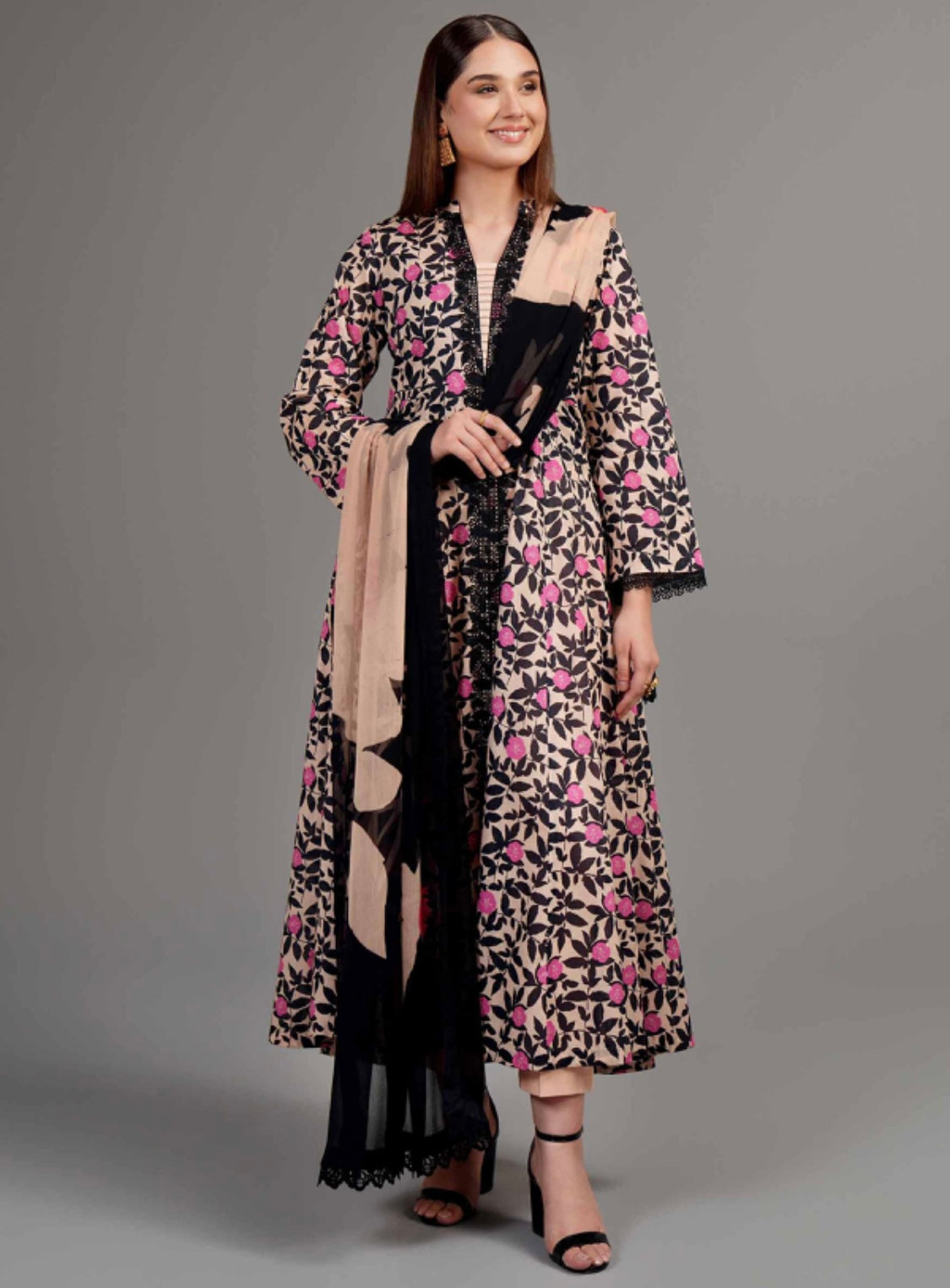 < Nishat > 3PC Floral Silhouettes Printed Style Super Fine Lawn Stitched Suit with Digital Printed Crinkle Chiffon Dupatta & Solid Cambric Trousers [ #M9 ] SIZE M