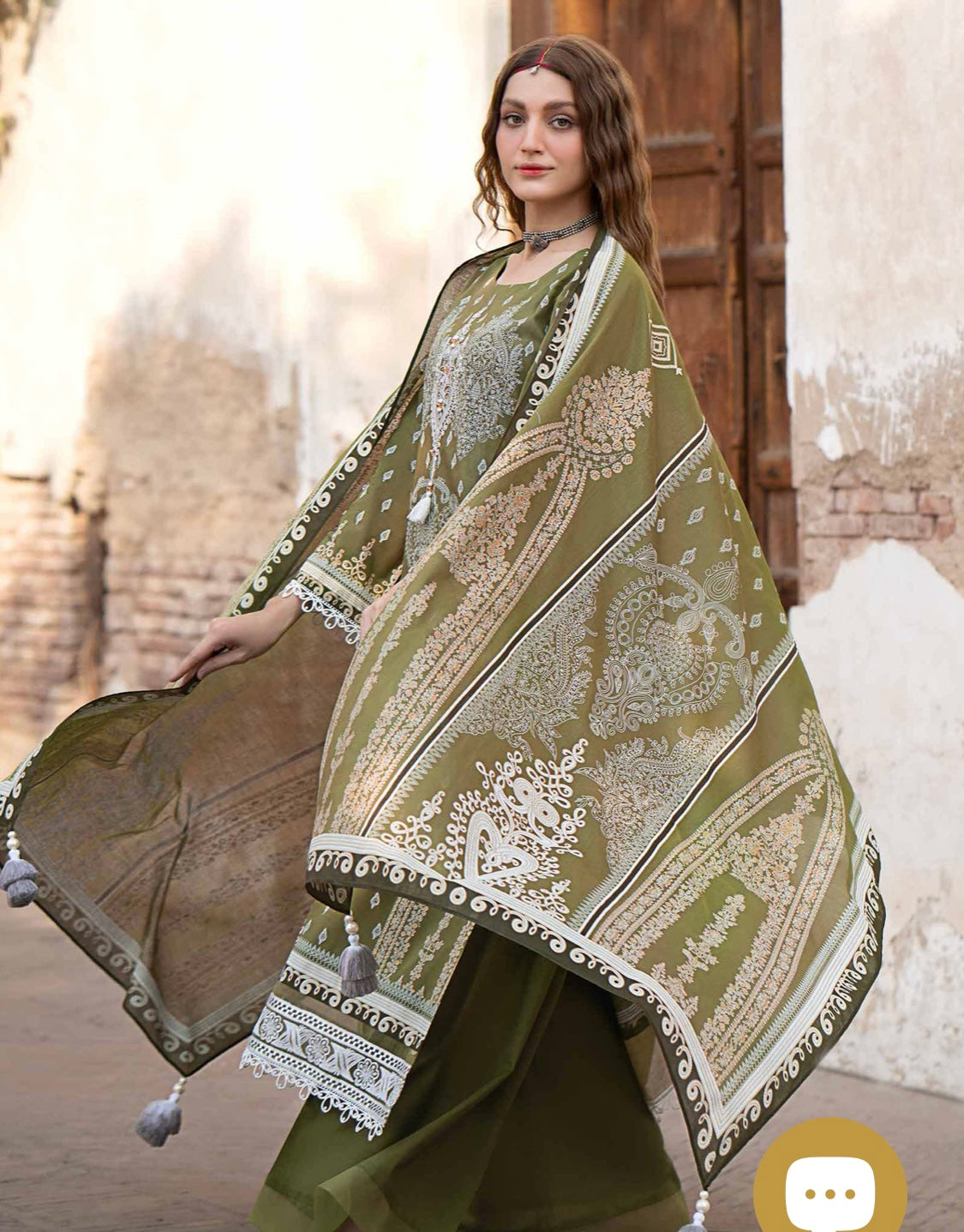 < Nishat > 3PC Decorative & Dori Style Motifs Style , Gold & White Paste Printed Embroidered Lawn Stitched Suit with Gold & White Paste Printed Lawn Dupatta & Dyed Cambric Trousers [ #M1 ] SIZE M