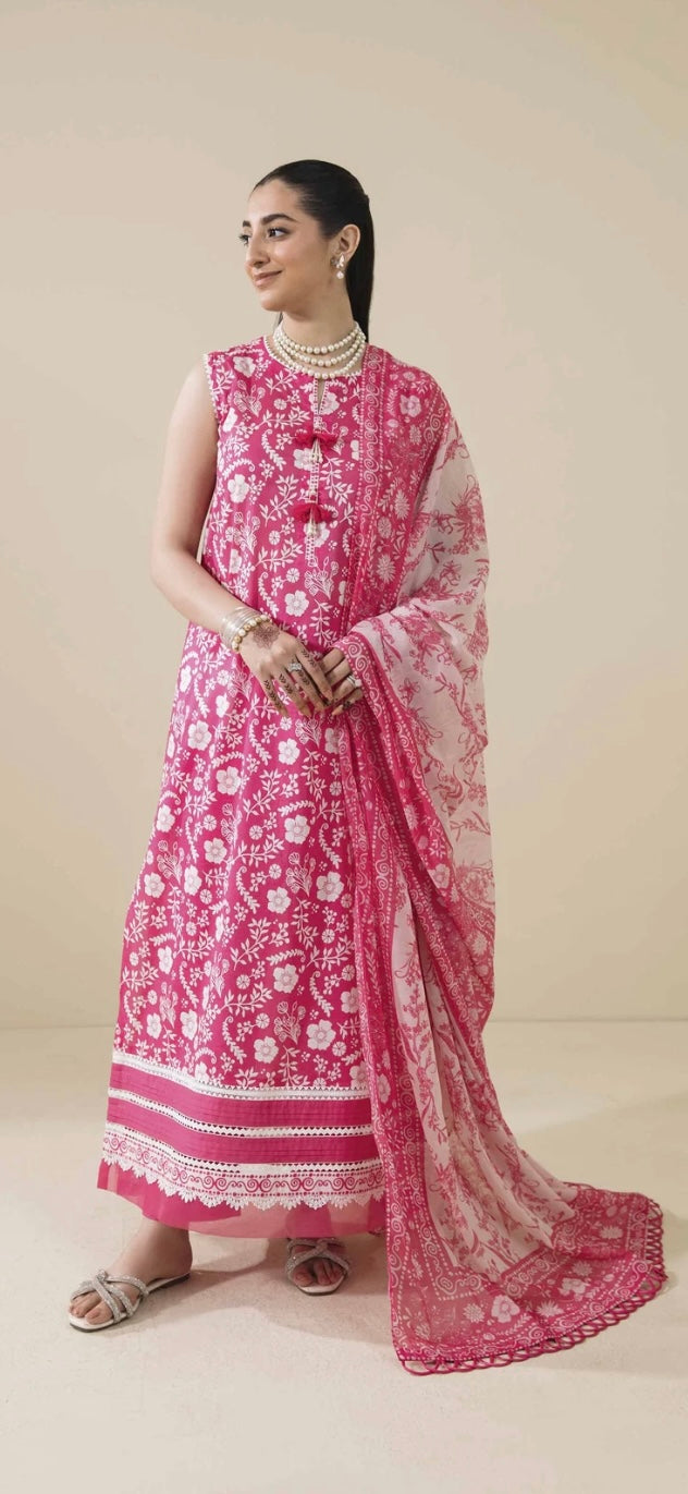 < Nishat > 3PC Floral Printed Lawn Stitched Suit with Digital Printed Muzlin Dupatta & Dyed Cambric Trousers [ #L8 ] SIZE M