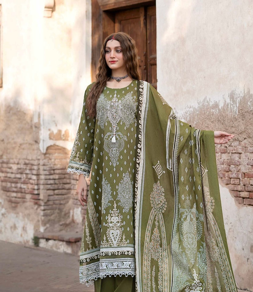 < Nishat > 3PC Decorative & Dori Style Motifs Style , Gold & White Paste Printed Embroidered Lawn Stitched Suit with Gold & White Paste Printed Lawn Dupatta & Dyed Cambric Trousers [ #M1 ] SIZE M