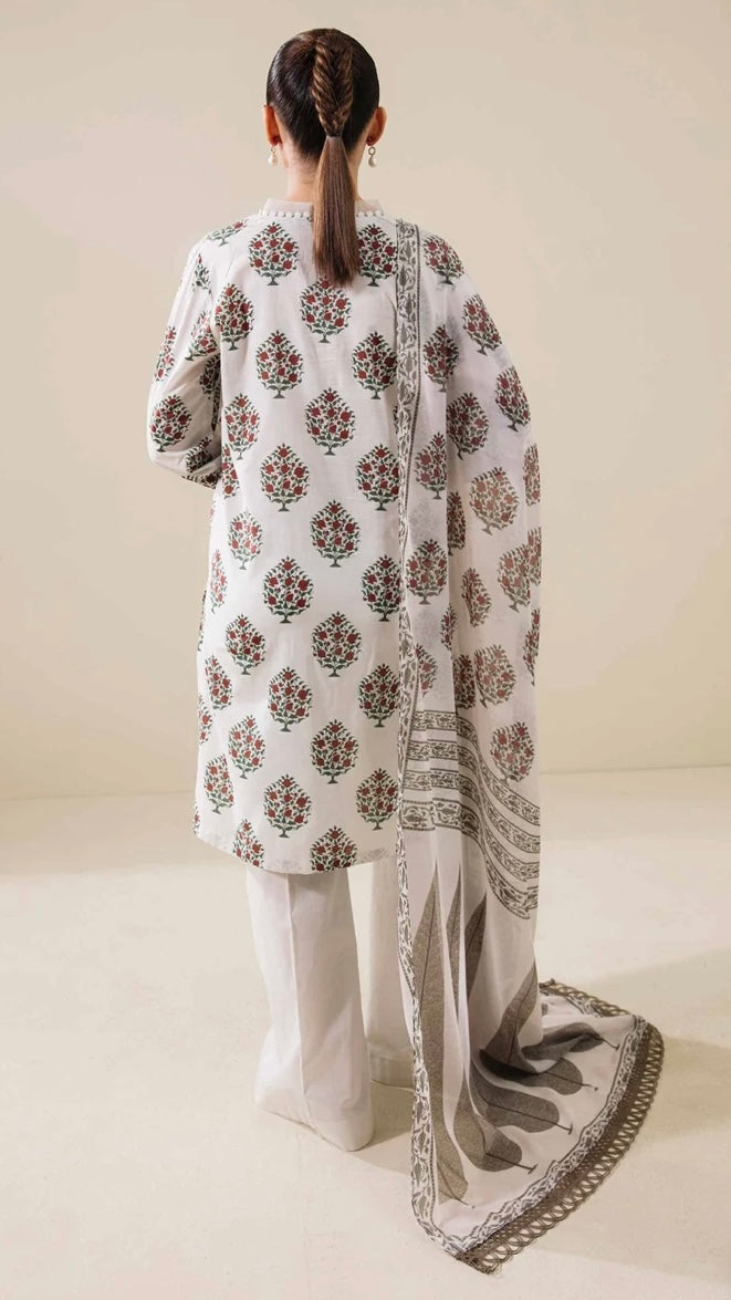 < Nishat > 3PC Mughal Flower Bunches Printed Lawn Stitched Suit with Digital Printed Muzlin Dupatta & Dyed Cambric Trousers [ #L6 ] SIZE L